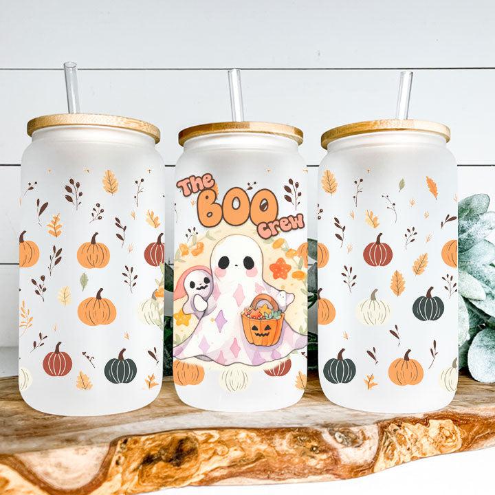Libby Glass Can Tumbler with “Boo Crew” phrase and ghost trick-or-treat design, fun Halloween gift for coffee lovers.