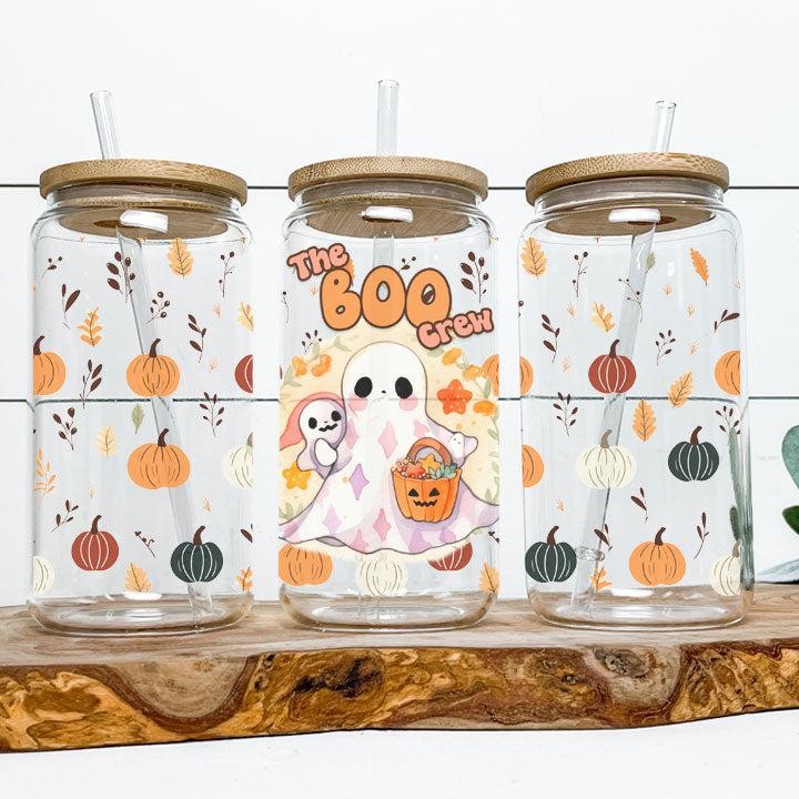 Halloween glass tumbler with ghost trick-or-treating design and “Boo Crew” wording, reusable iced coffee cup.