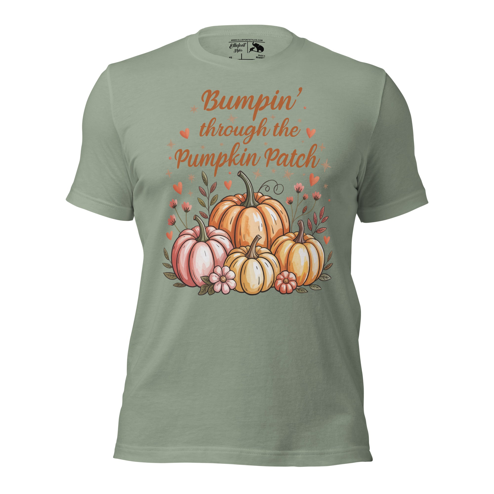 Bumpin’ Through the Pumpkin Patch pregnancy announcement shirt with pumpkin patch design