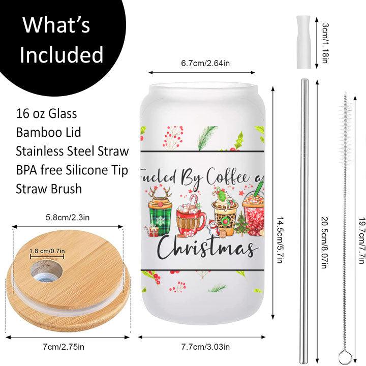 Reusable holiday tumbler with funny “Fueled by Coffee and Christmas” design, great gift for coffee enthusiasts.