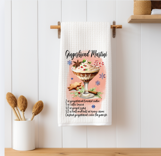Gingerbread Martini recipe towel displayed in Christmas kitchen setup