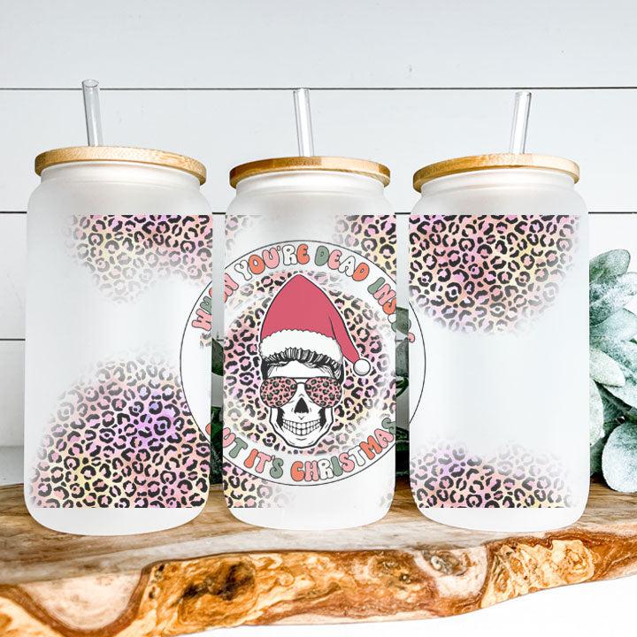 Libby Glass Can Tumbler with skeleton drinking coffee and “Dead Inside But It’s Christmas” design, funny holiday gift.