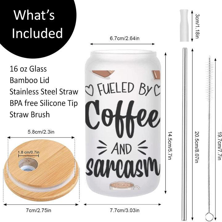Libby Glass Can Tumbler decorated with coffee beans and humorous “Fueled by Coffee and Sarcasm” phrase, great gift idea.