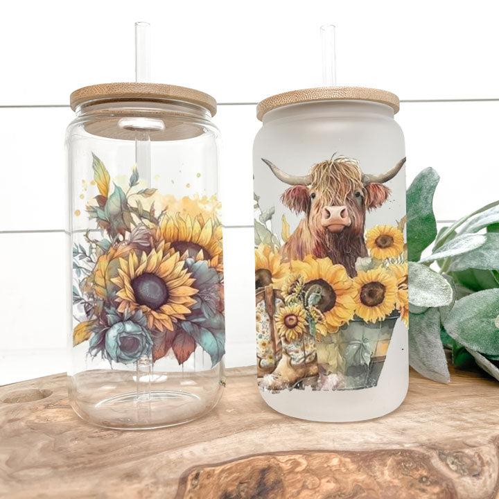 16 oz Libby Glass Can Tumbler in western style with Highland cow and sunflower theme