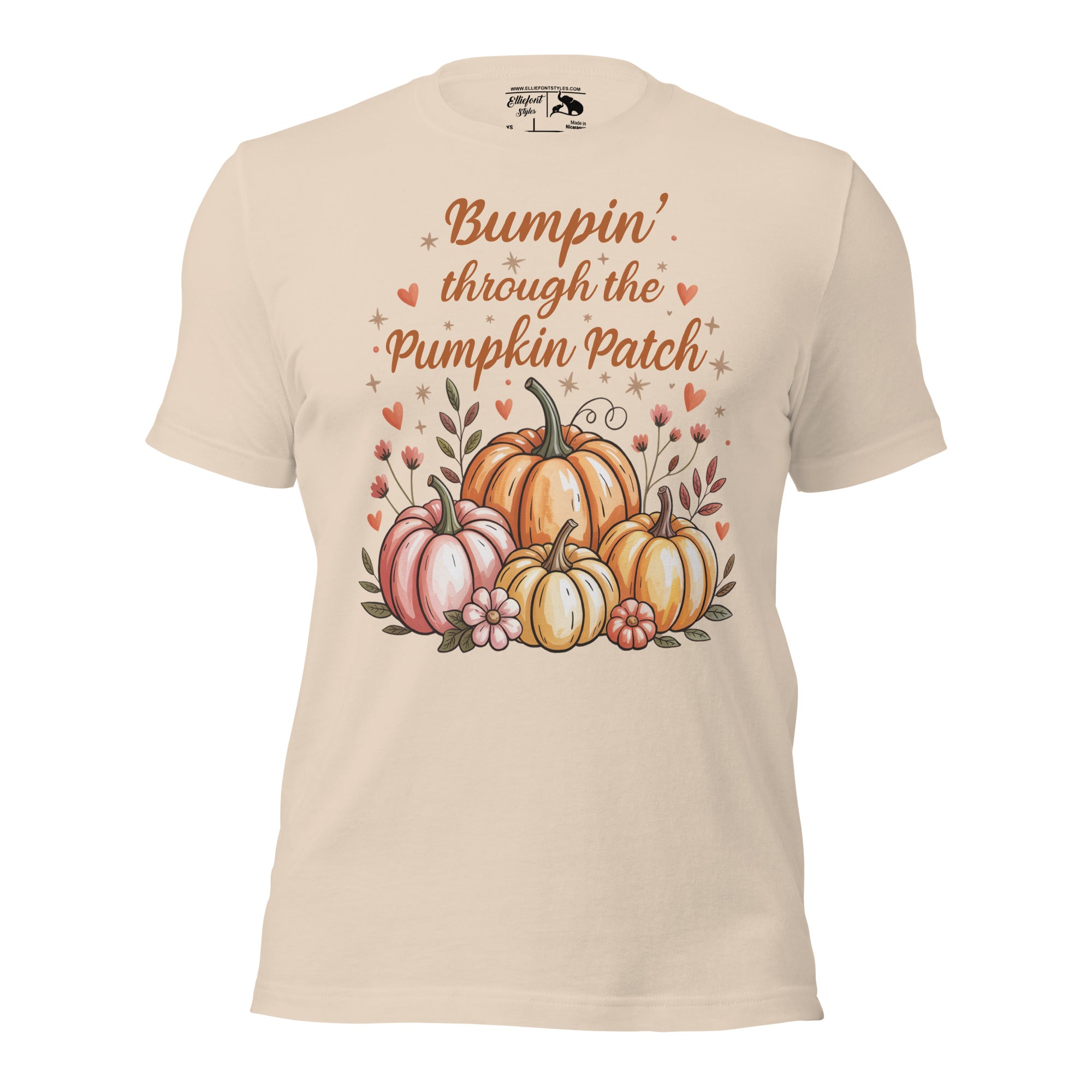 Cute pregnancy announcement shirt with pumpkins and Bumpin’ Through the Pumpkin Patch wording