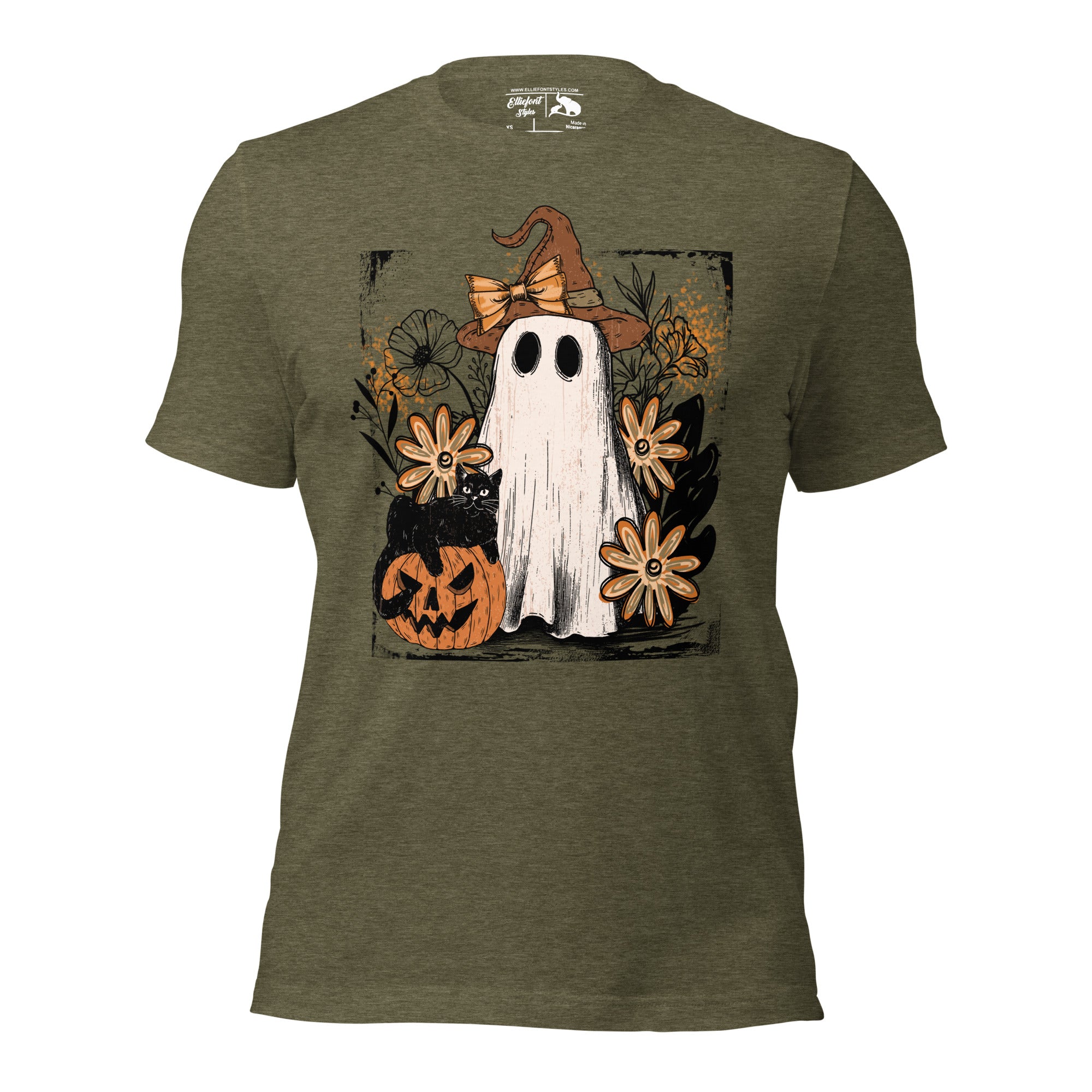 Cute Halloween ghost retro style tee with witch hat artwork