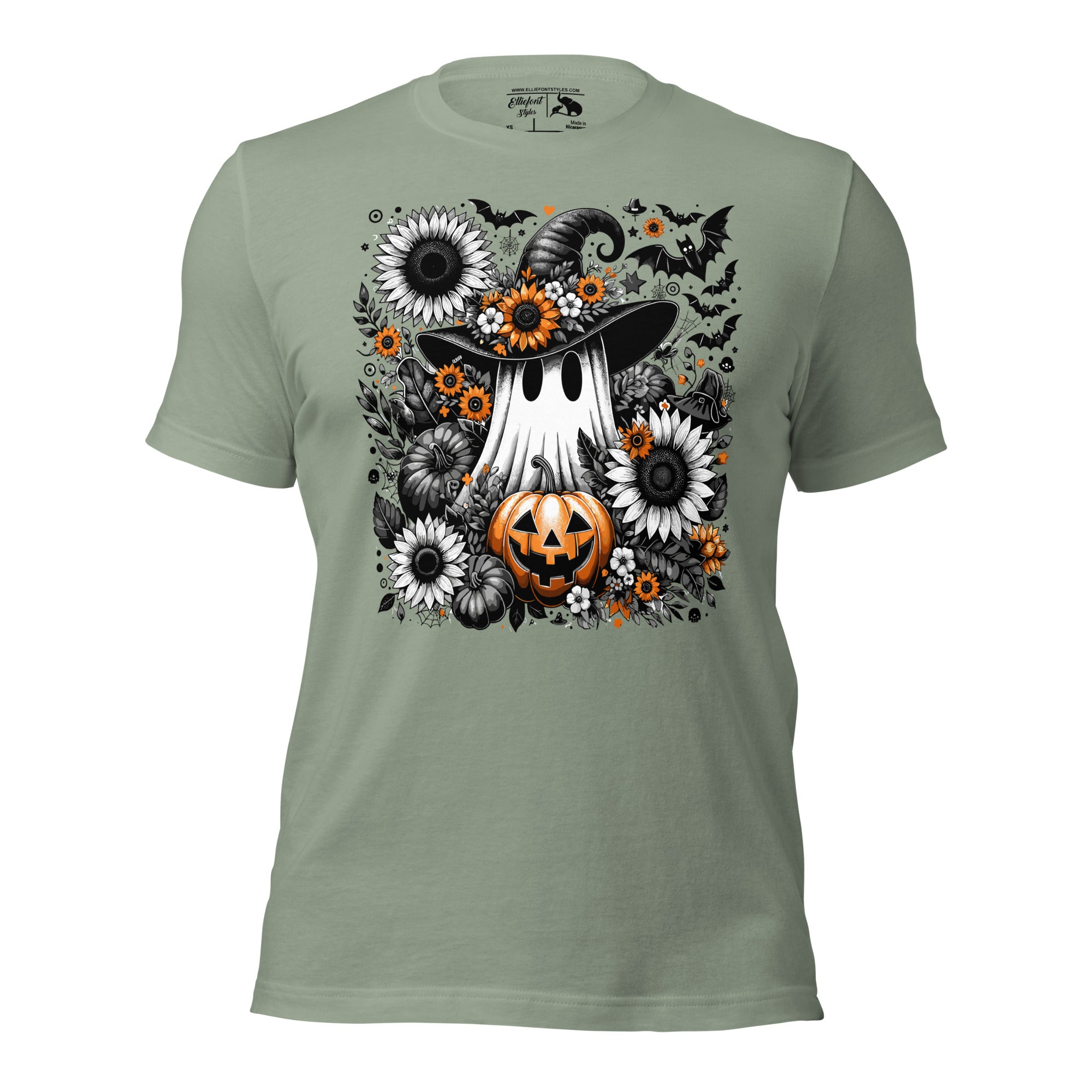 Cute Halloween sunflower ghost top with pumpkins and bats illustration