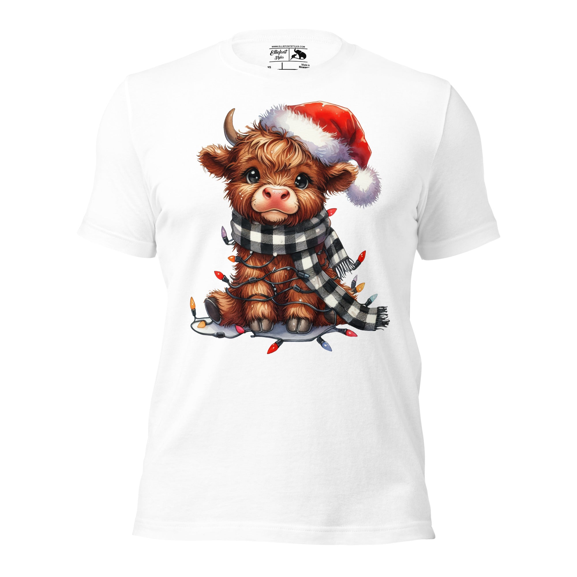 Cute Highland cow shirt with Santa hat and Christmas lights