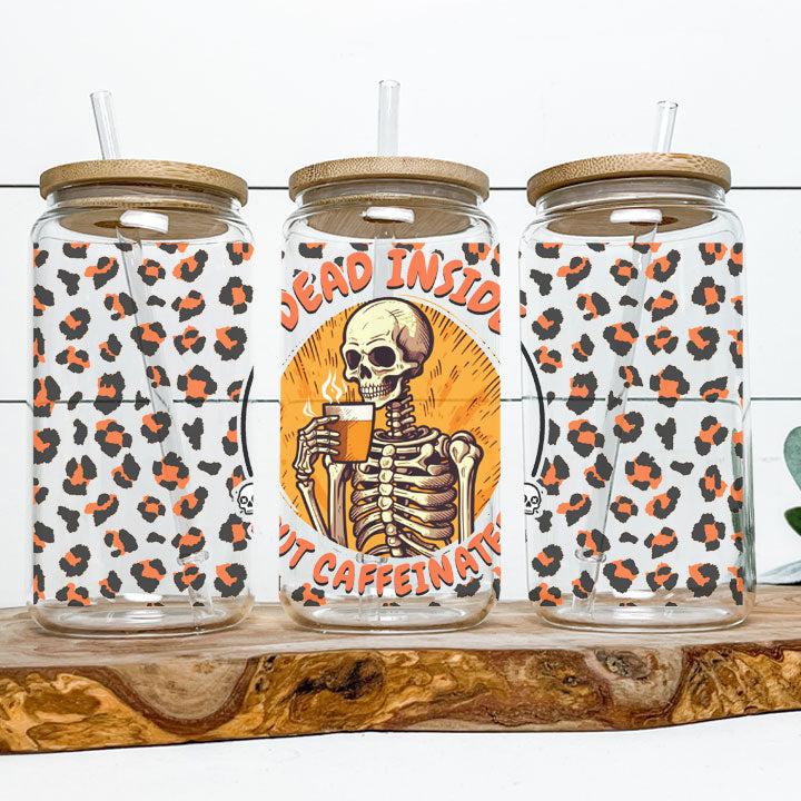 Libby Glass Can Tumbler with skeleton drinking coffee and “Dead Inside But Caffeinated” design, perfect Halloween or fall gift.