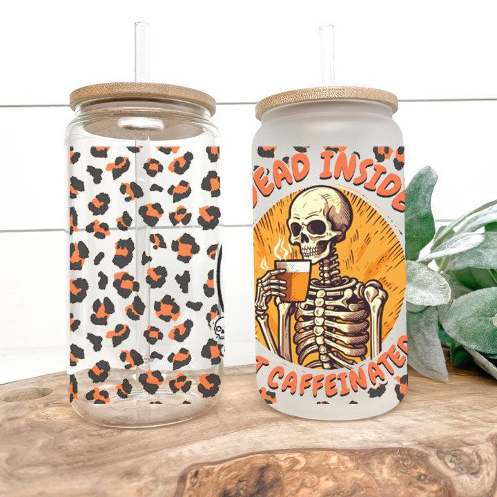 Tumbler with skeleton drinking coffee, great gift for Halloween, fall, or coffee lovers with a dark sense of humor.