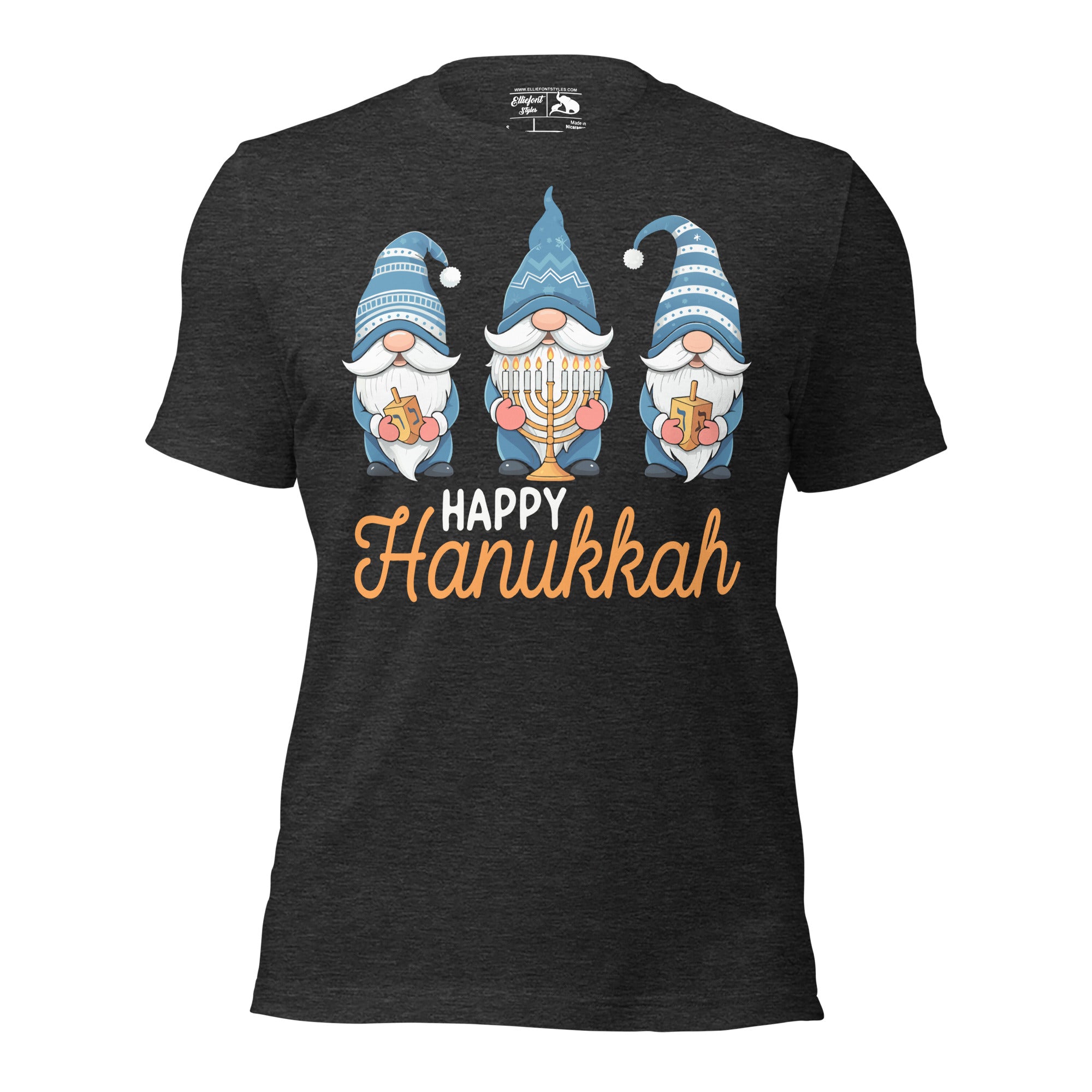 Matching family Hanukkah shirt with three gnomes and Happy Hanukkah text