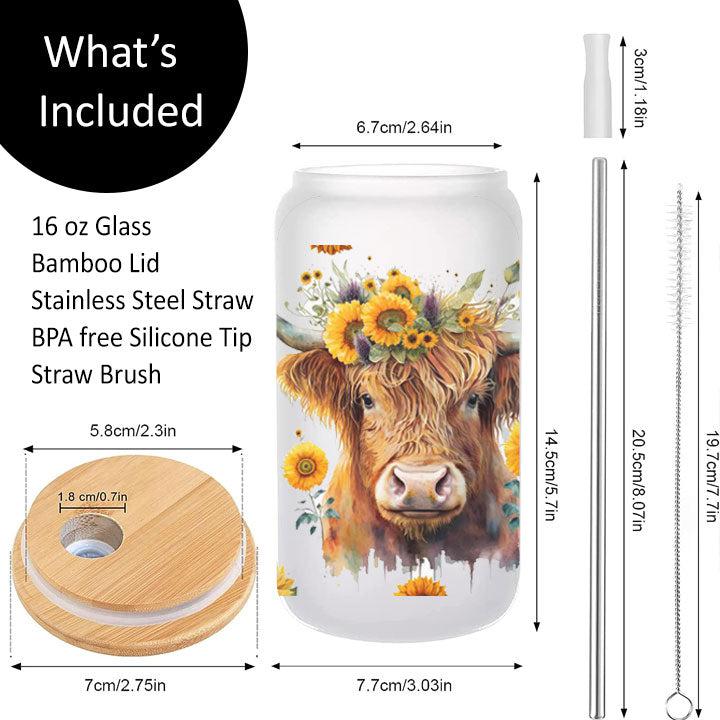 Libby Glass Can Tumbler with Highland cow surrounded by bright sunflowers
