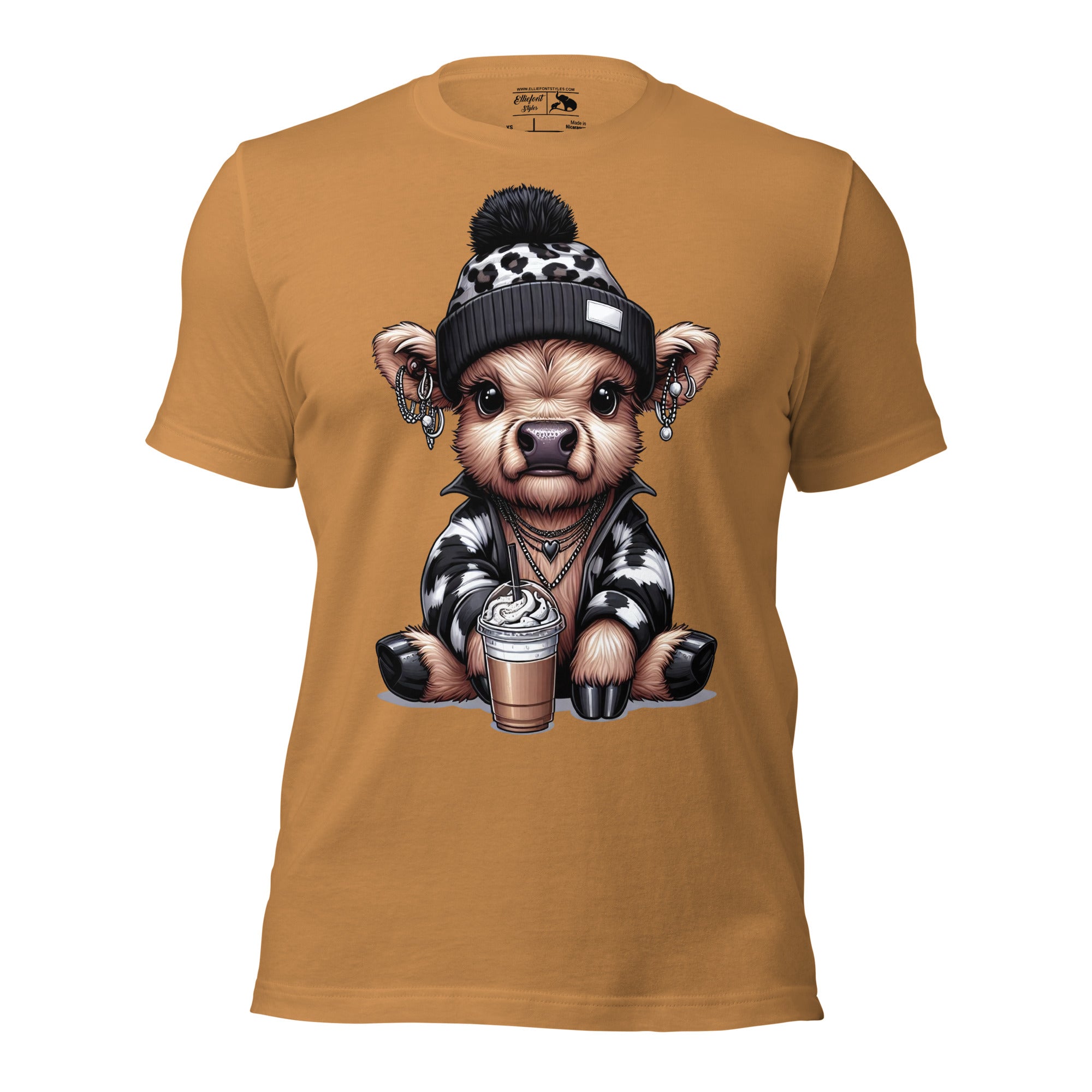Farmhouse style Highland cow shirt featuring cow in beanie