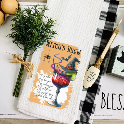 Waffle weave towel styled on Halloween bar cart with themed cocktails