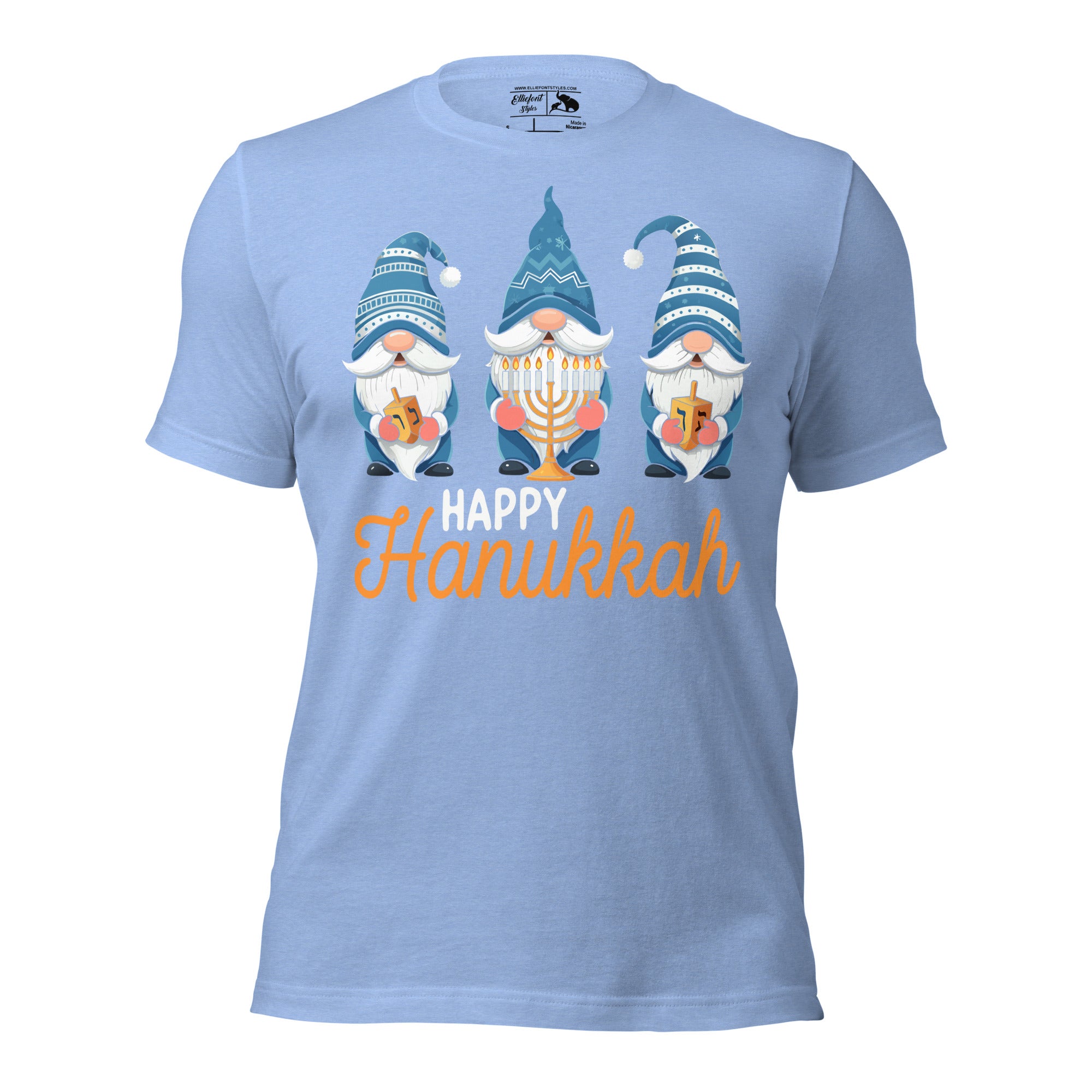 Festive Hanukkah shirt with whimsical three gnomes design.