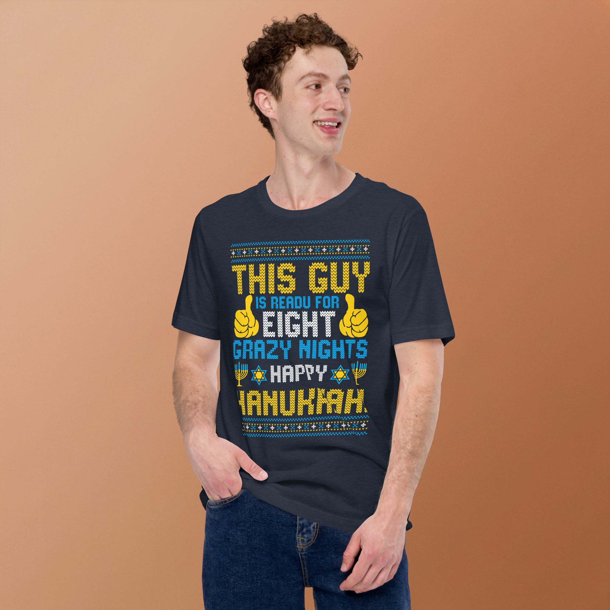 Festive Jewish holiday shirt for him with humorous Hanukkah message