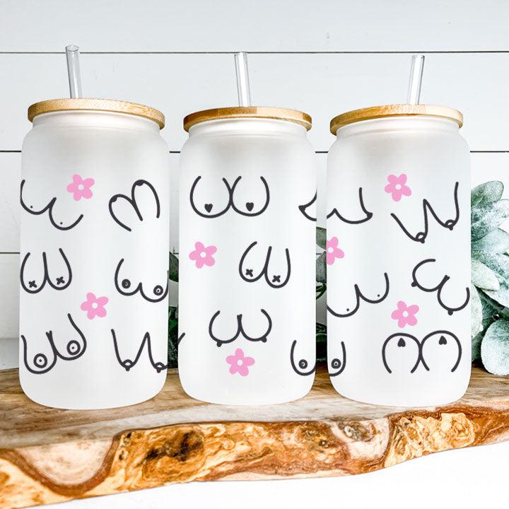 16 oz Libby Glass Can Tumbler featuring playful doodle boobs, funny gift for women.