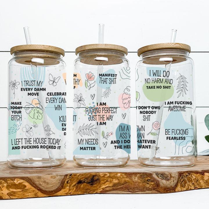 Humorous glass tumbler featuring sarcastic motivational quotes, perfect for friends or coworkers