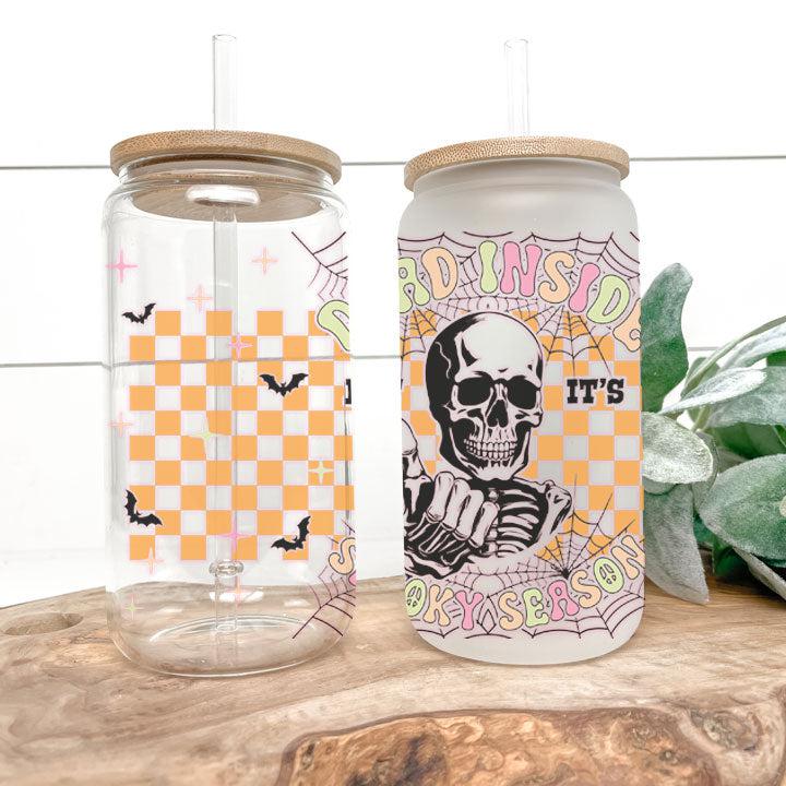 Skeleton-themed tumbler with dark humor phrase, ideal Halloween or fall gift for coffee lovers.