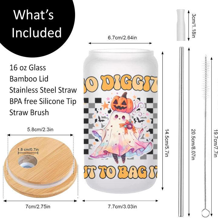 Glass tumbler with “No Diggity, Bout to Bag It Up” phrase and ghost artwork, unique Halloween coffee lover gift.