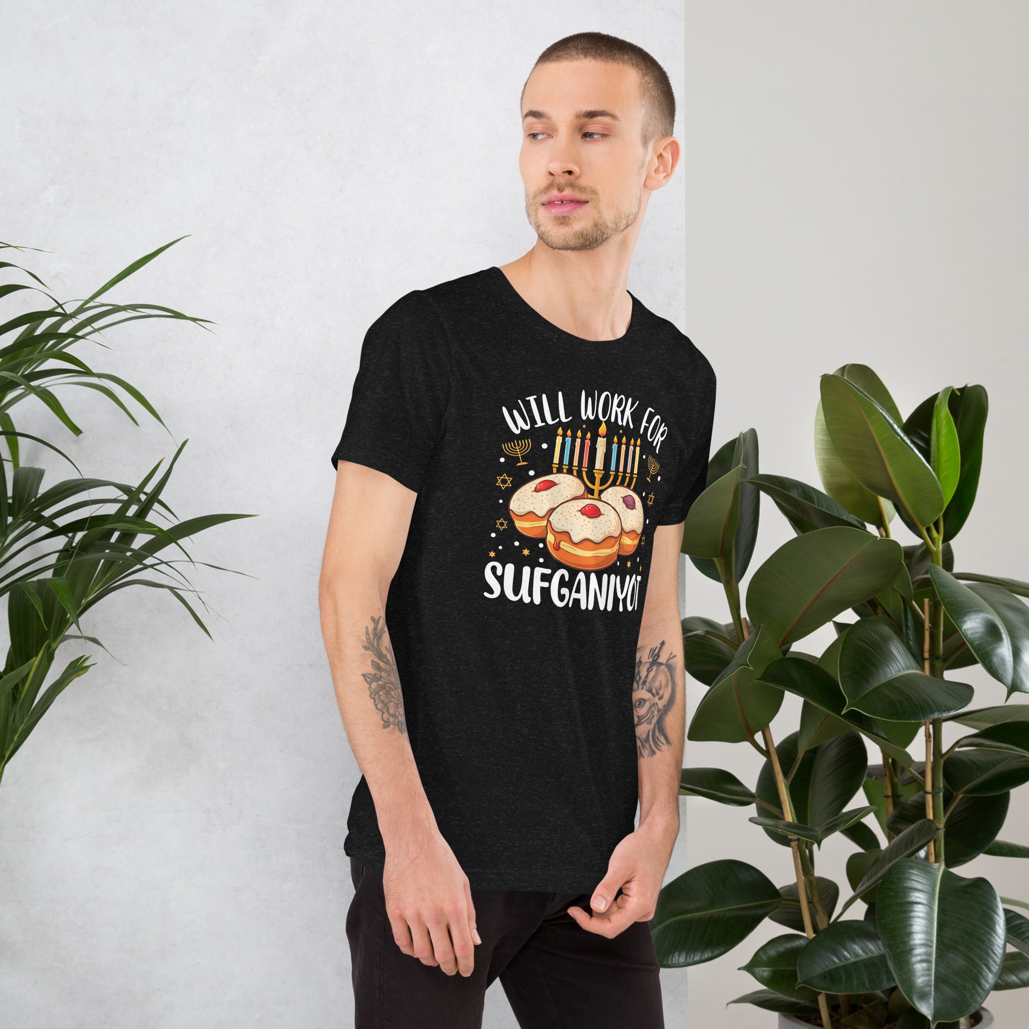 Funny Jewish food shirt for Hanukkah with Will Work for Sufganiyot quote
