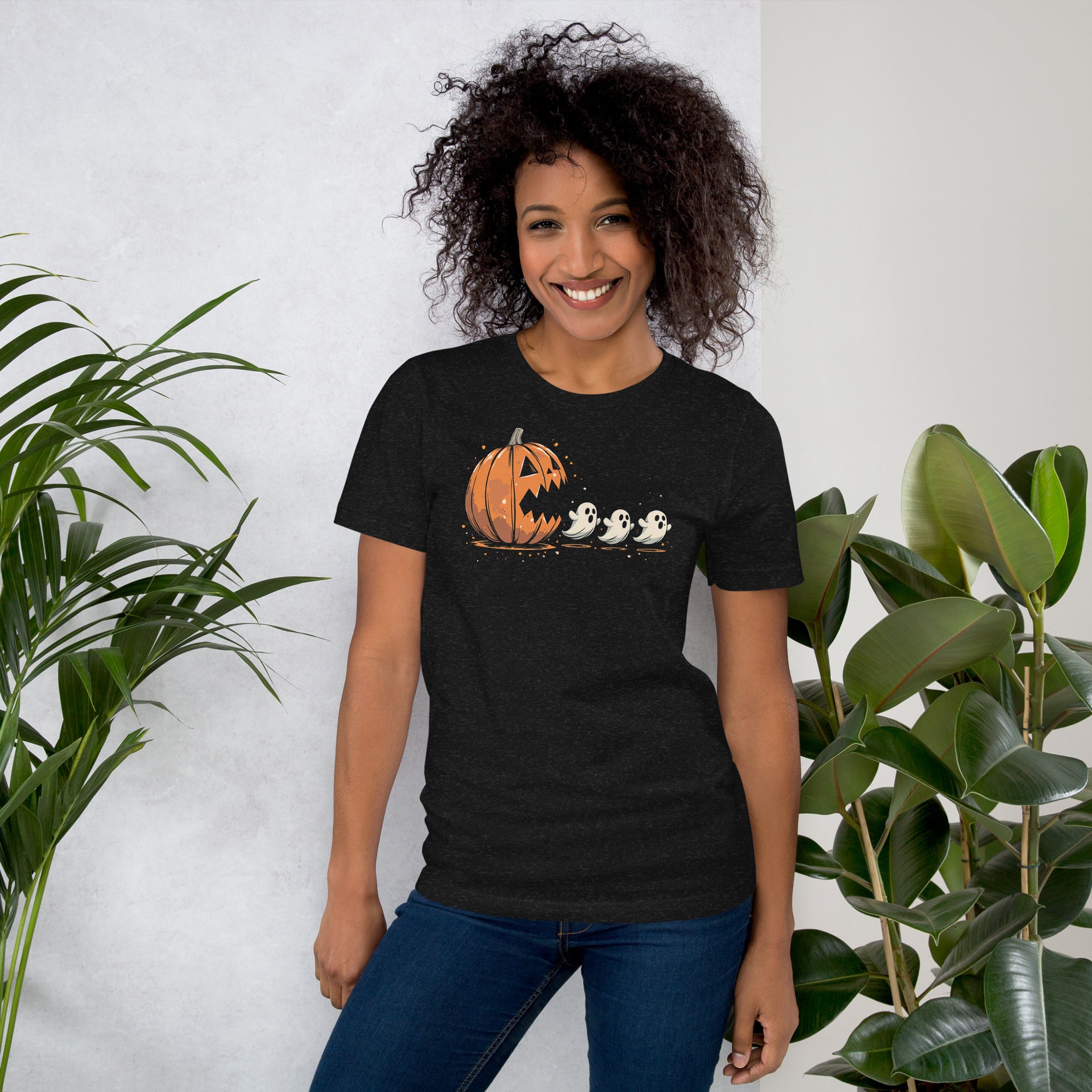 Gamer Halloween graphic tee with pumpkin Pac-Man and ghost illustrations