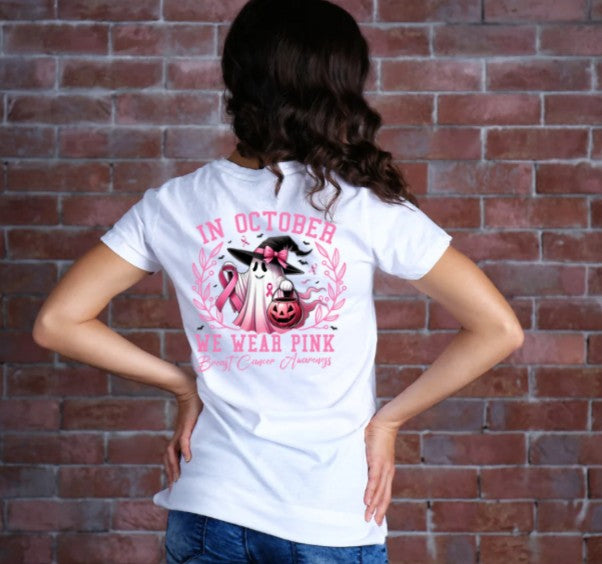 Ghost in witch hat with pink ribbon breast cancer awareness shirt
