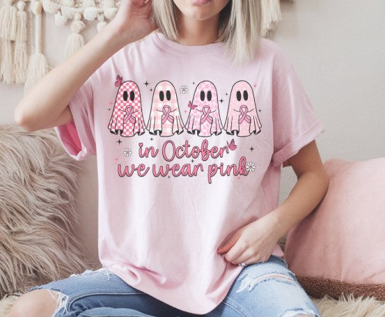 Breast cancer awareness shirt with ghosts and pink ribbons.