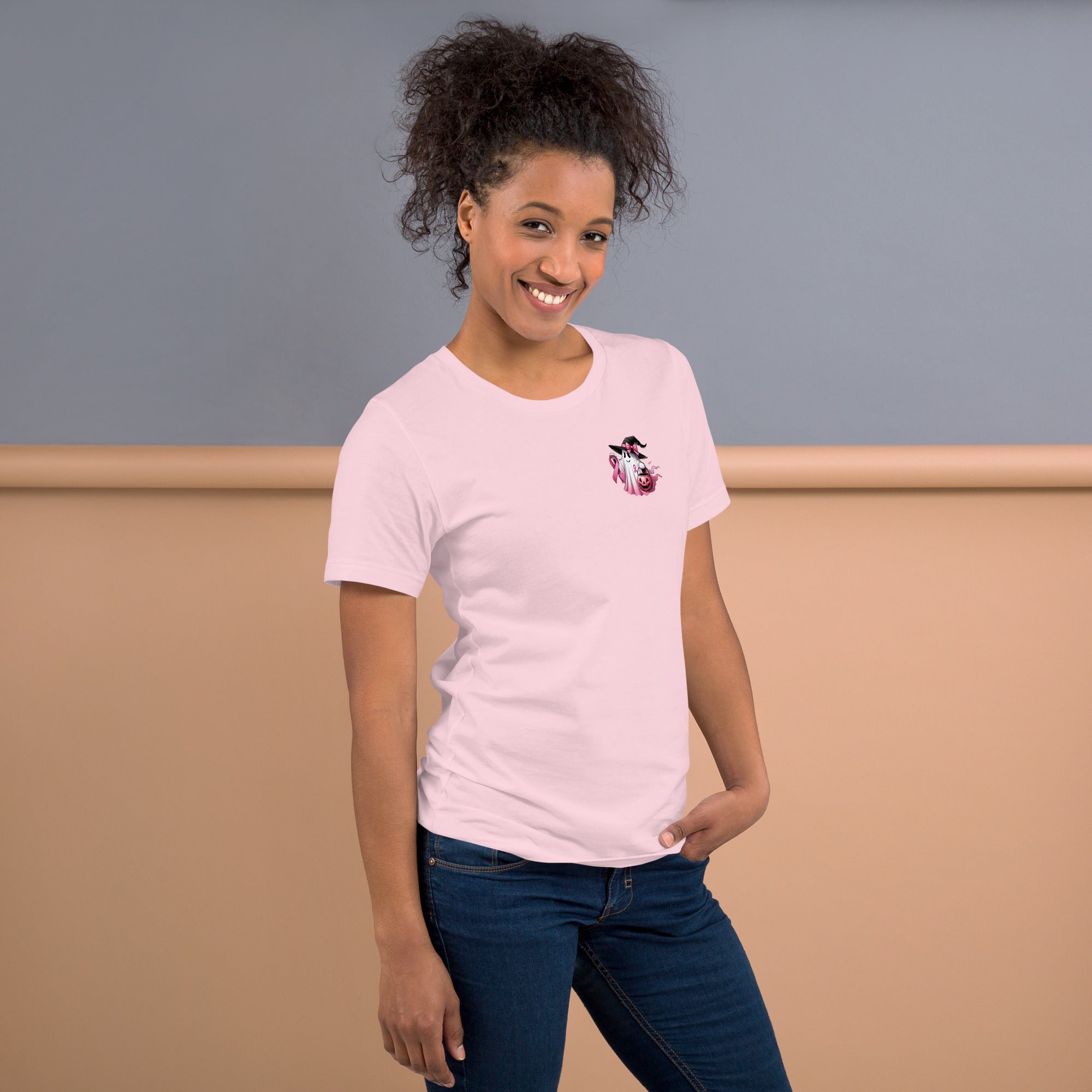 Gift shirt with ghost witch hat and pink ribbon for awareness