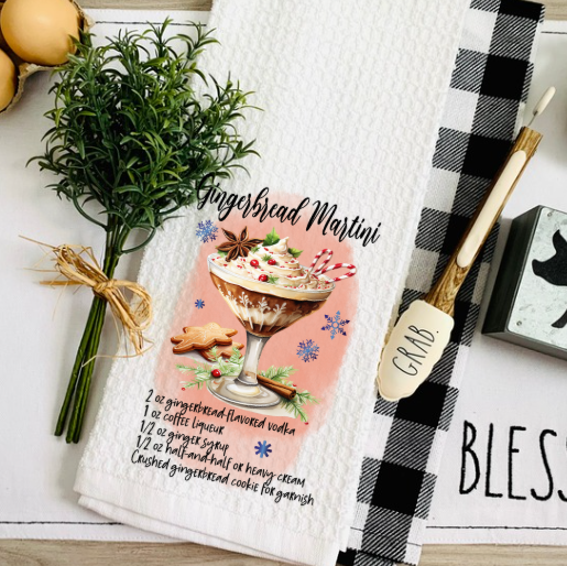 Christmas cocktail recipe towel packaged as a holiday housewarming gift