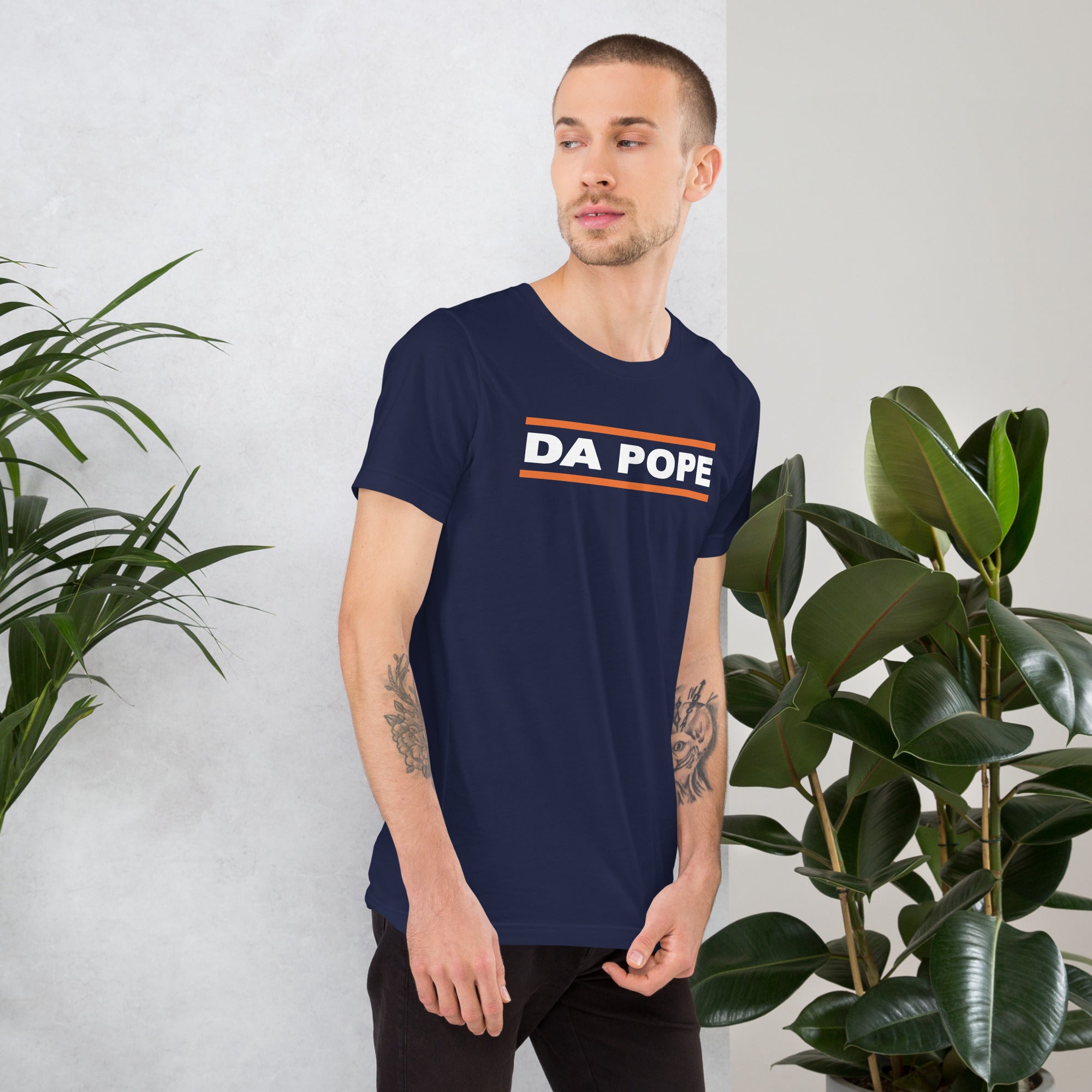 Graphic tee that says Da Pope in Chicago Bears-inspired design