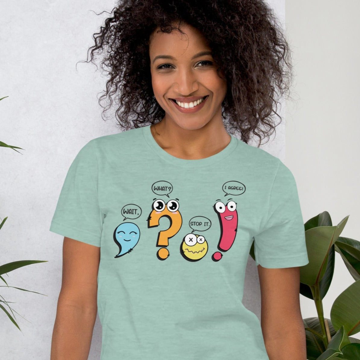 Graphic tee for English teachers with punctuation and speech bubbles