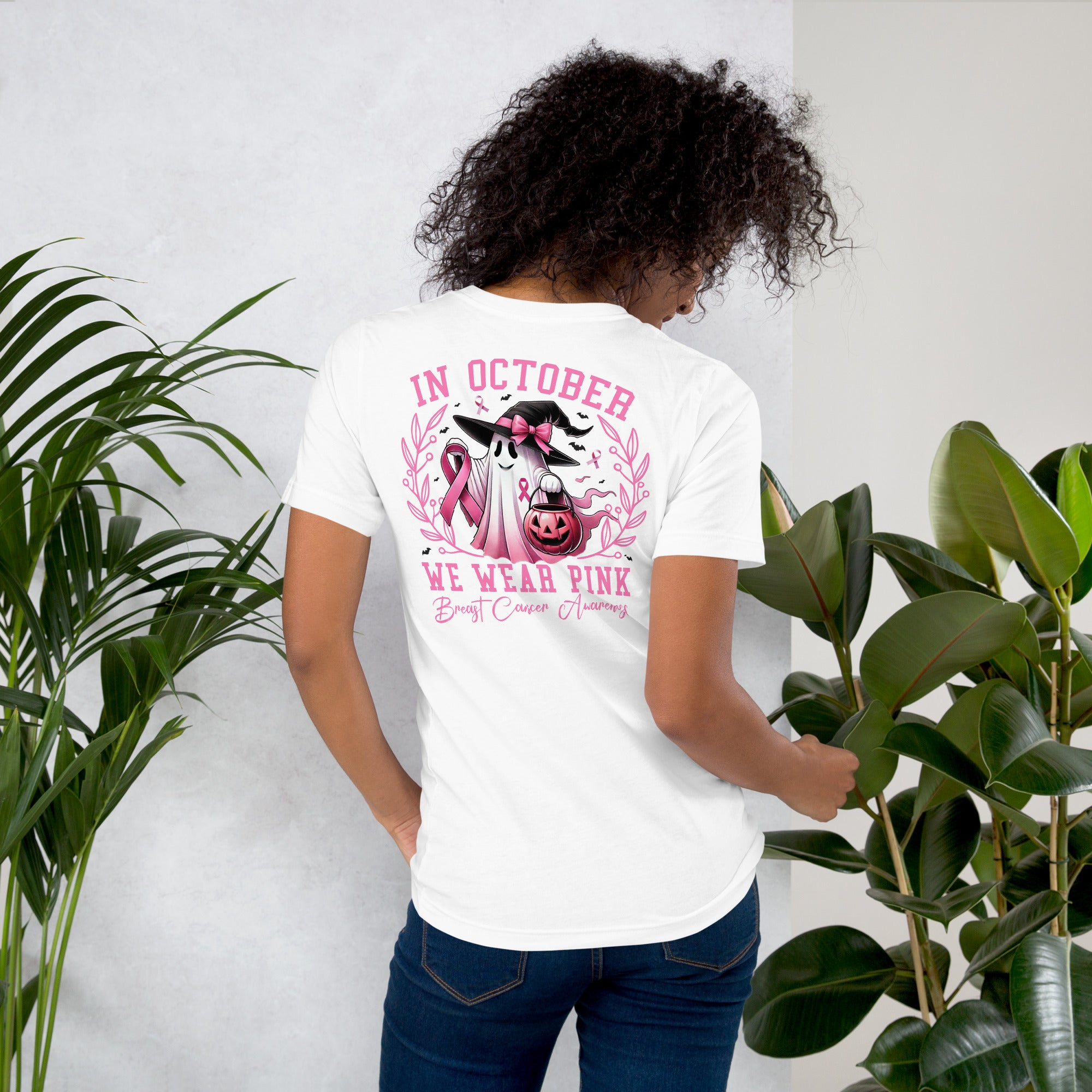 Halloween breast cancer awareness tee with ghost and October message