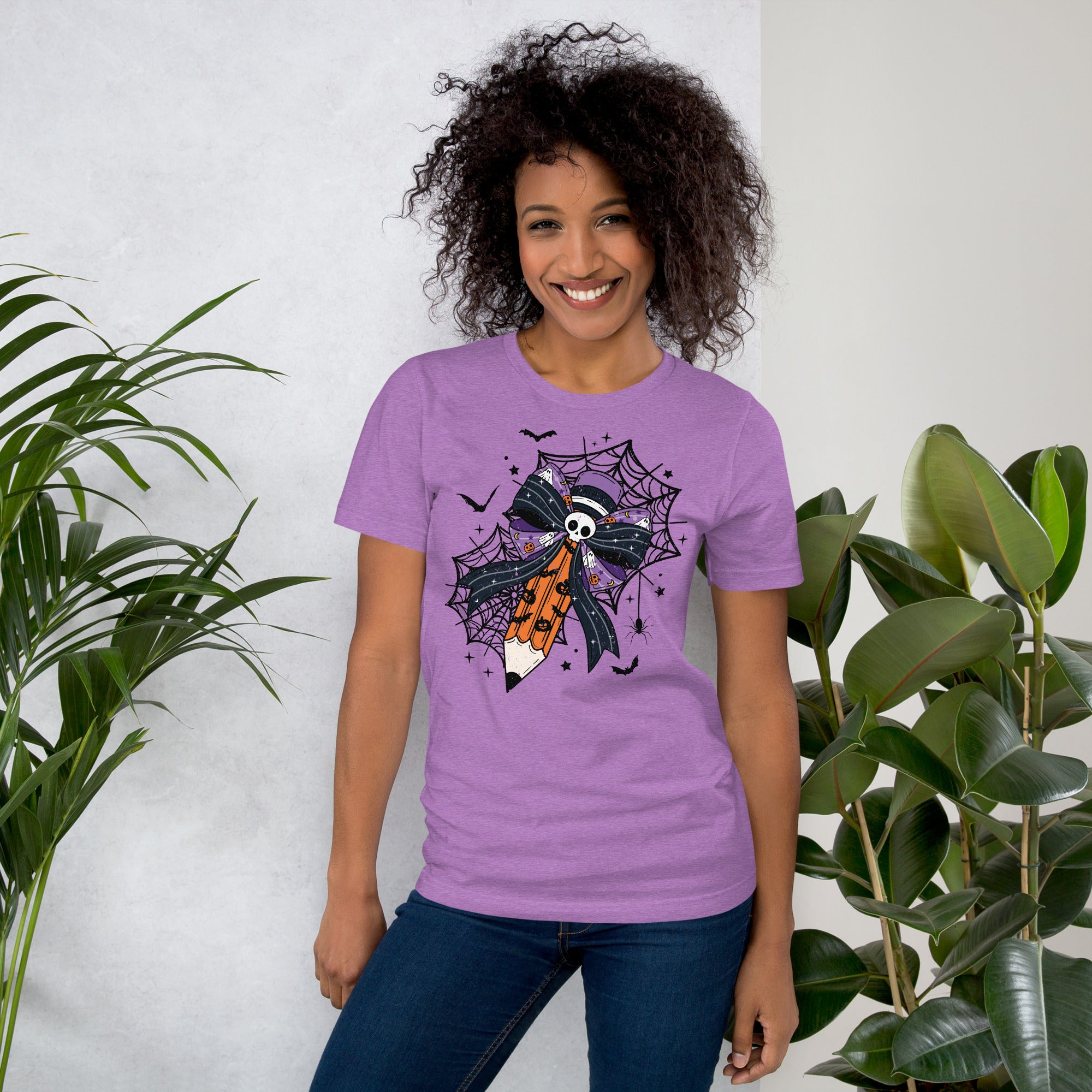 Halloween graphic tee with funny teacher design and spider webs