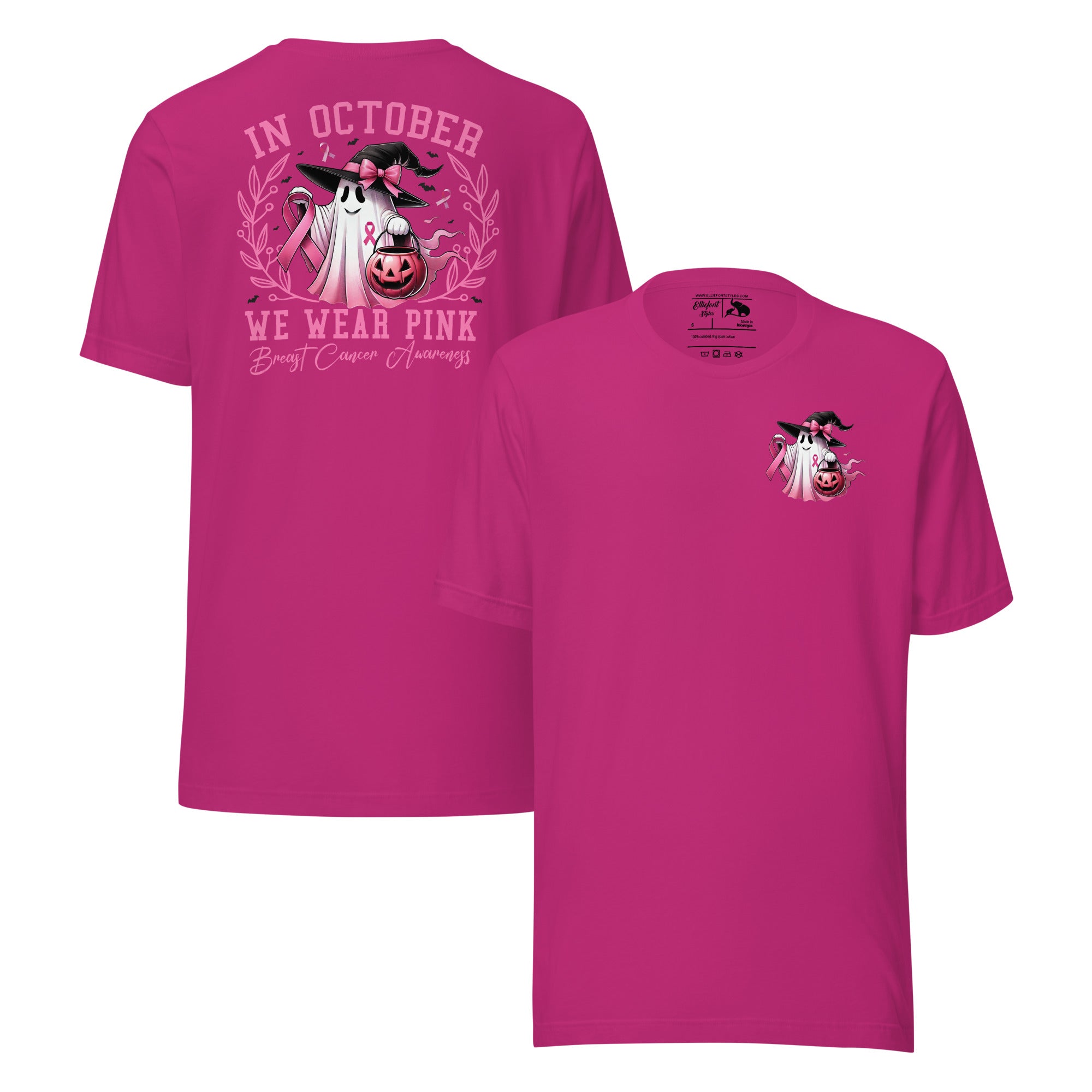 Halloween ghost shirt with October We Wear Pink breast cancer design