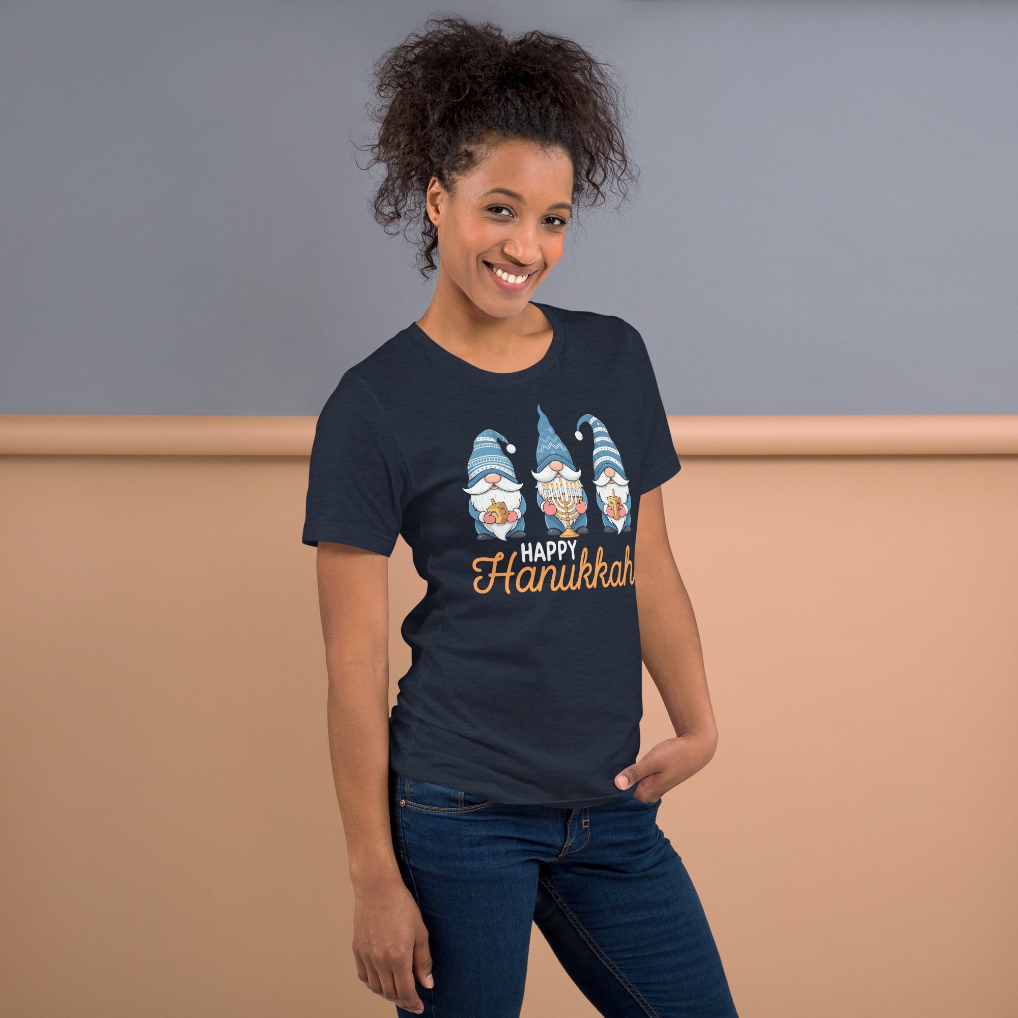 Hanukkah graphic tee featuring Happy Hanukkah with three gnomes.