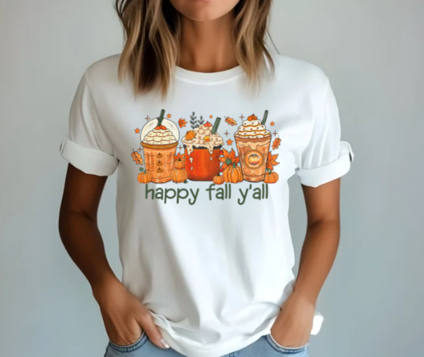 Happy Fall Y’all coffee cups autumn shirt with cute seasonal design