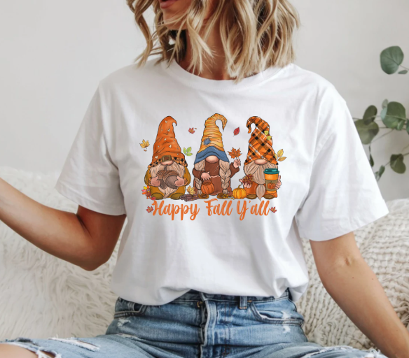 Happy Fall Y’all gnomes Thanksgiving shirt with pumpkins and leaves