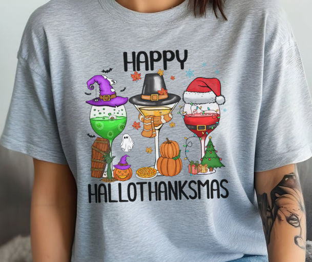 Happy HallowThanksMas funny holiday shirt for Halloween Thanksgiving and Christmas celebrations