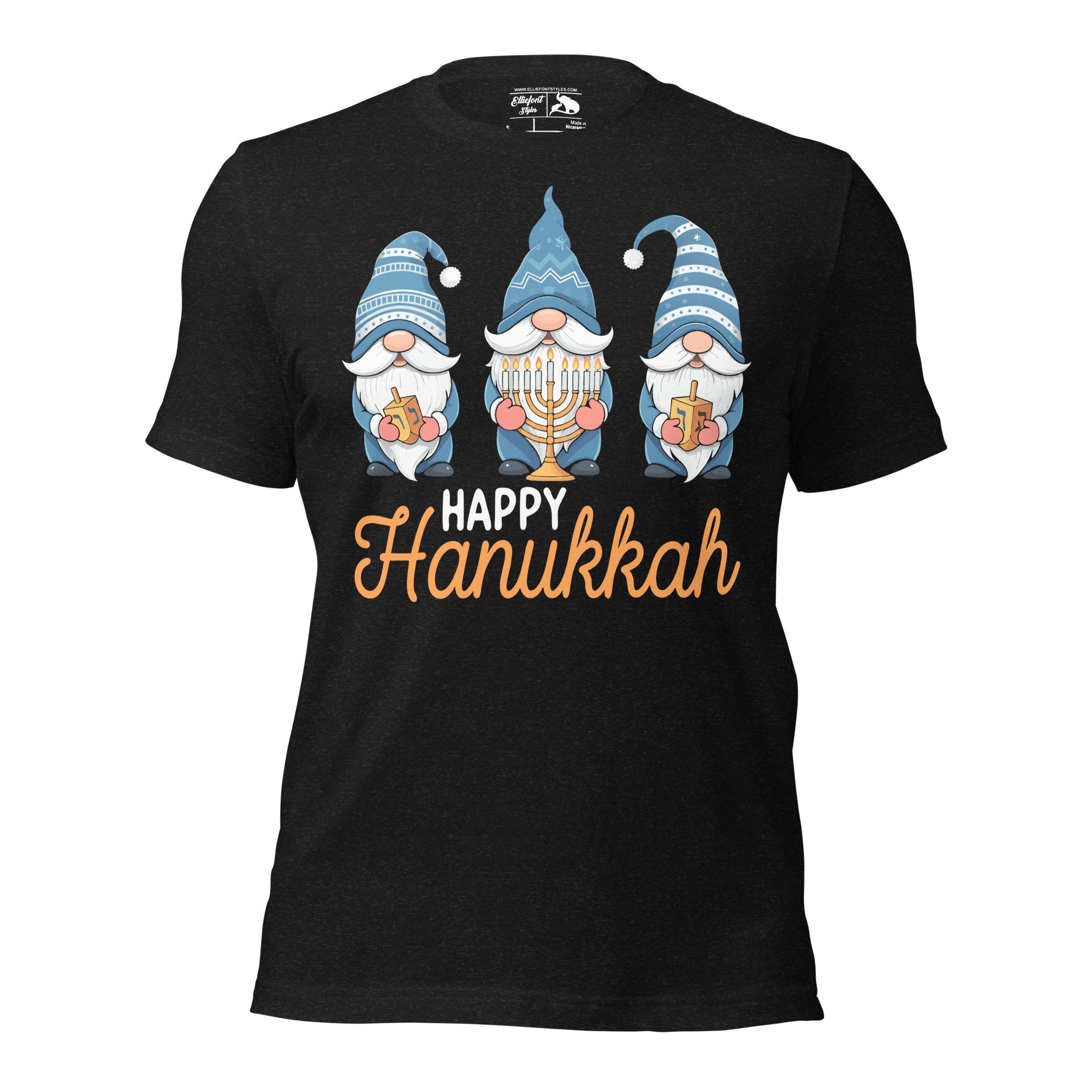 Happy Hanukkah shirt with three festive gnomes design