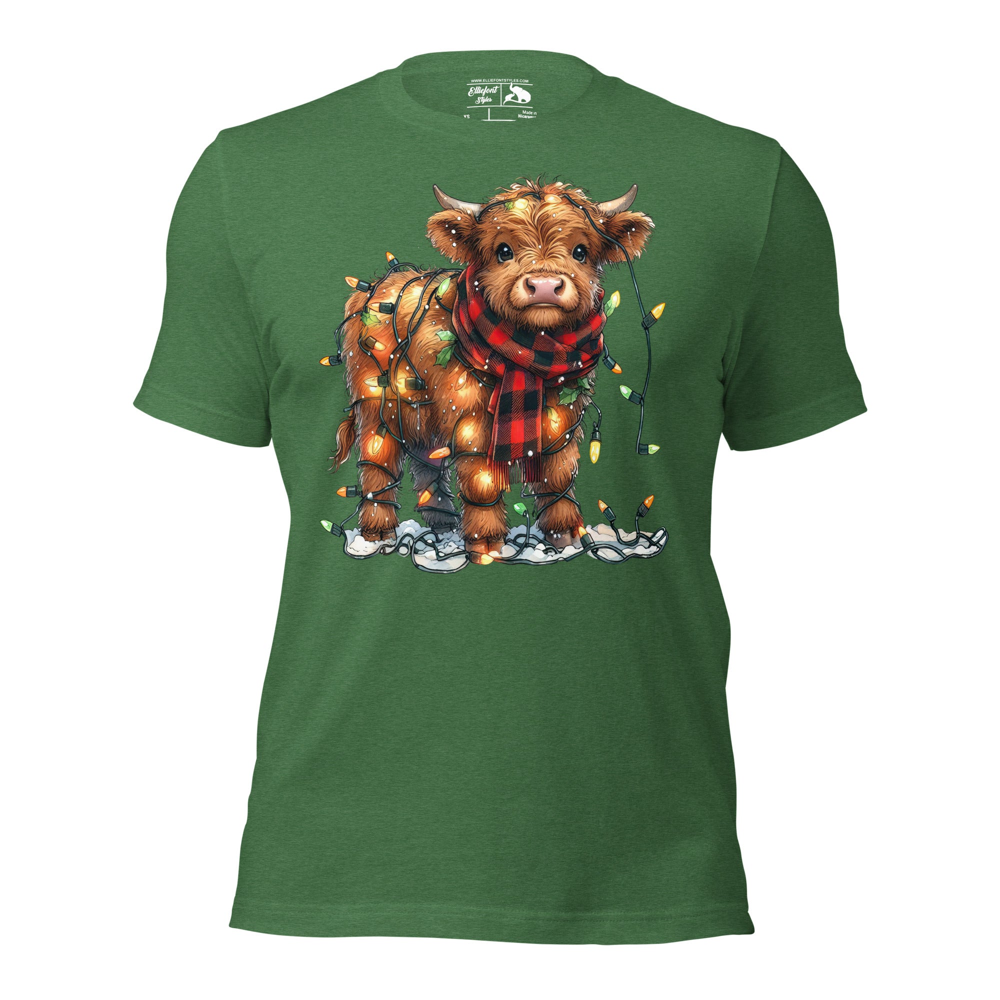Highland cow Christmas shirt with cow wrapped in holiday lights