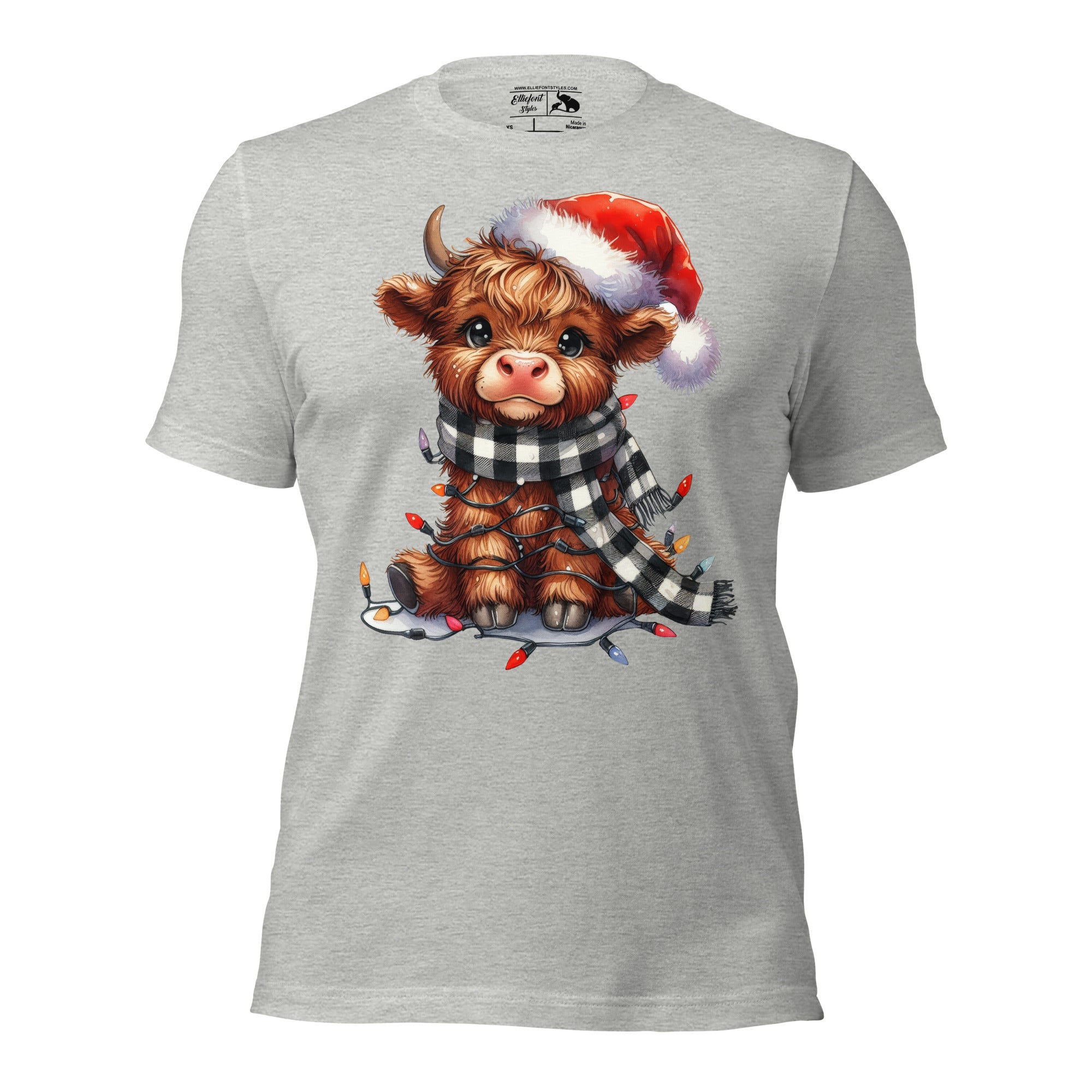 Highland cow Christmas shirt with Santa hat and wrapped in lights