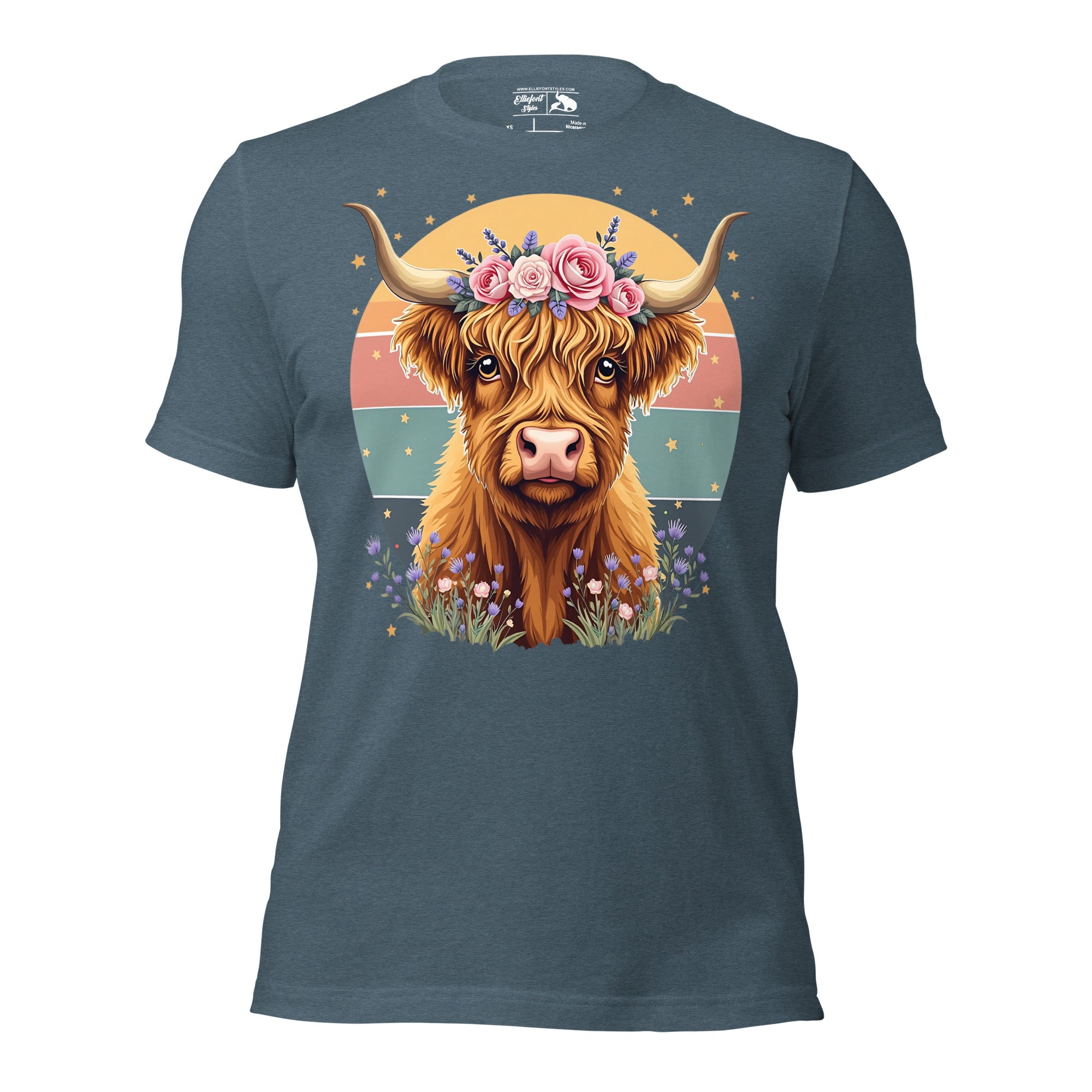 Highland cow floral retro shirt with vintage flower design.