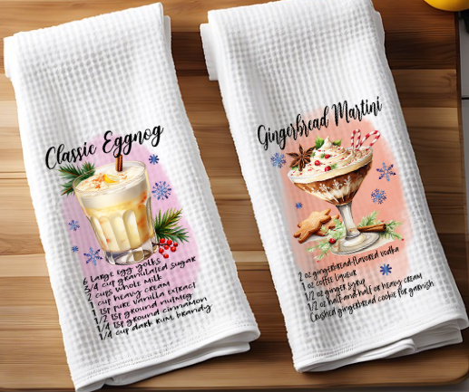 Christmas cocktail recipe waffle weave towel displayed in festive holiday kitchen décor