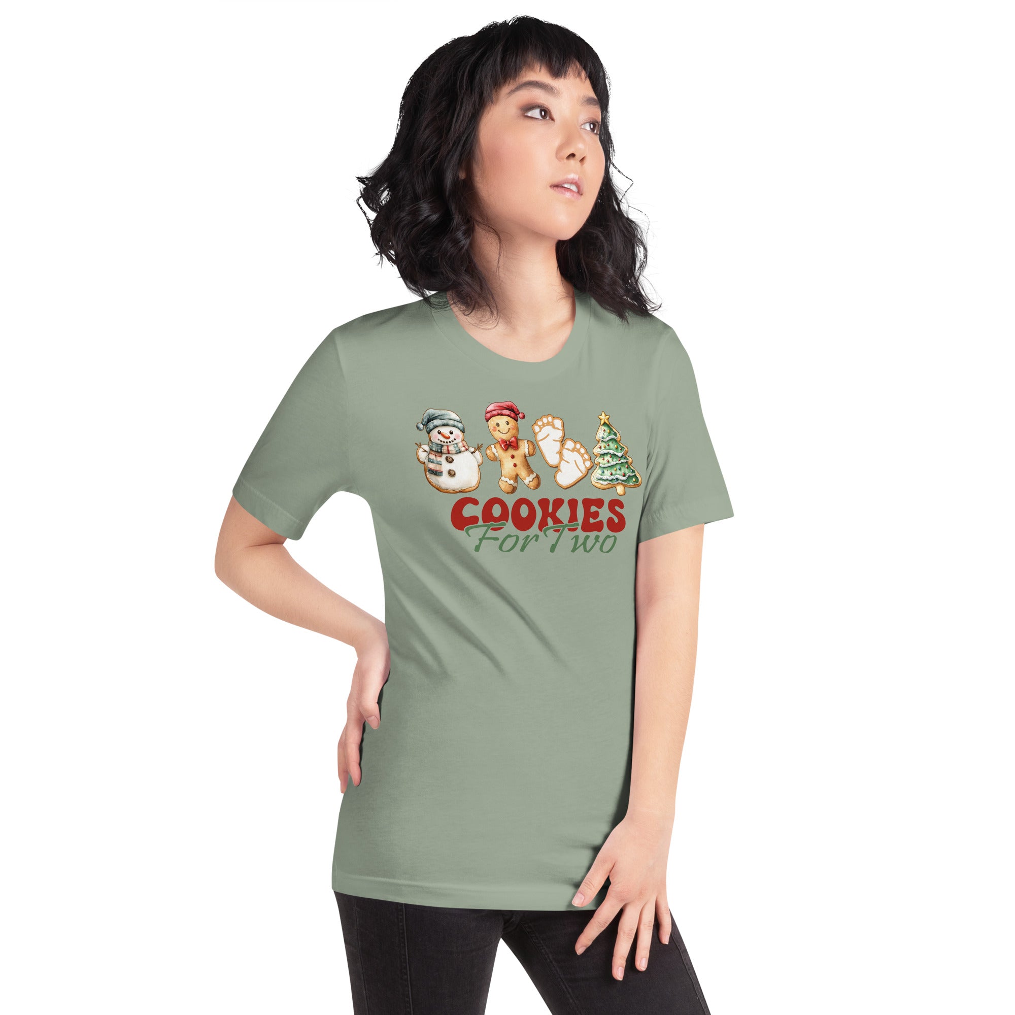 Holiday pregnancy reveal shirt with Christmas cookies artwork