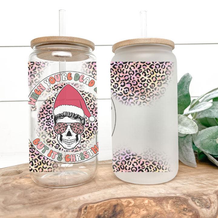 Humorous Christmas tumbler with skeleton drinking coffee, reusable iced coffee gift for coworkers or family