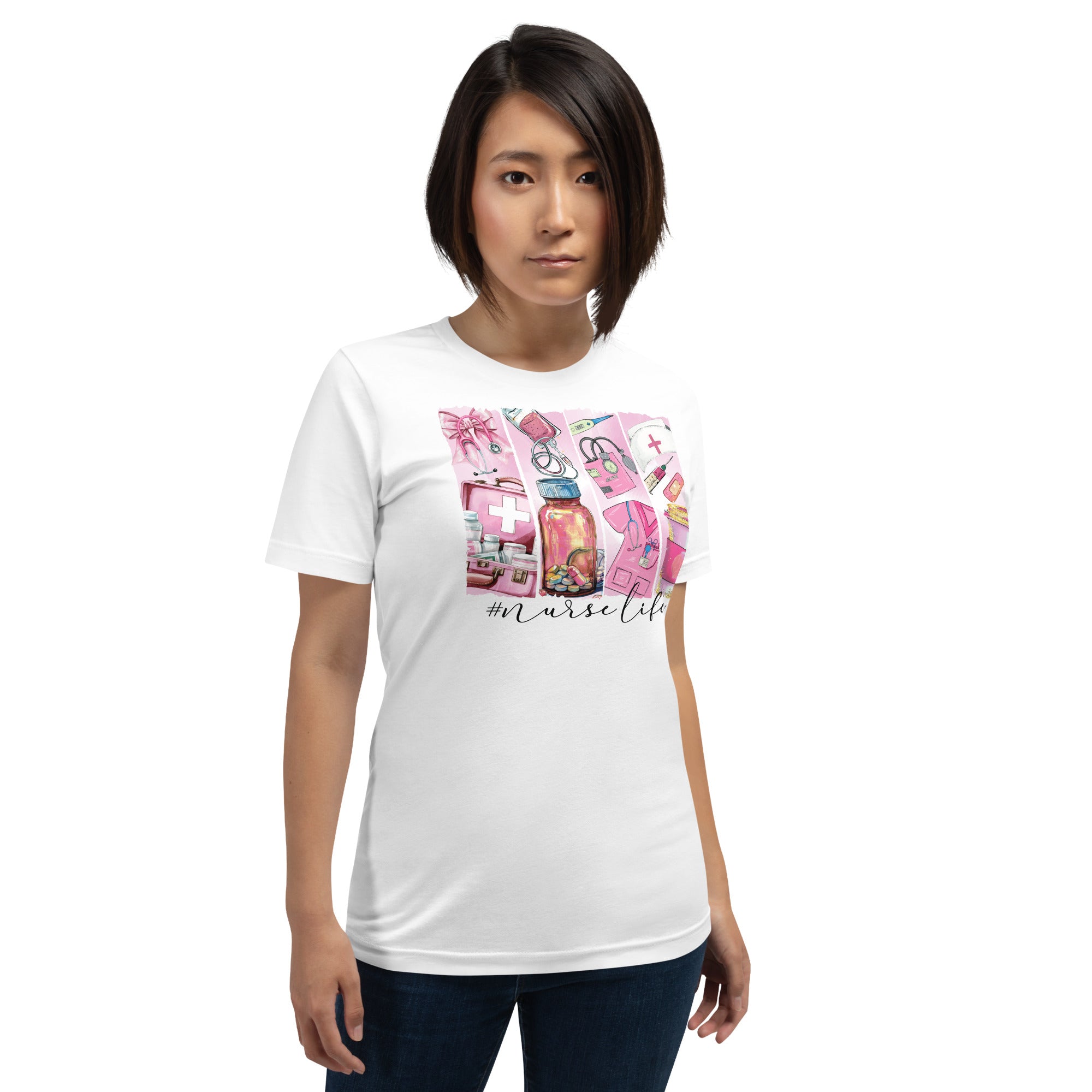 Hospital nurse shirt with nurse life graphic art and medical tools