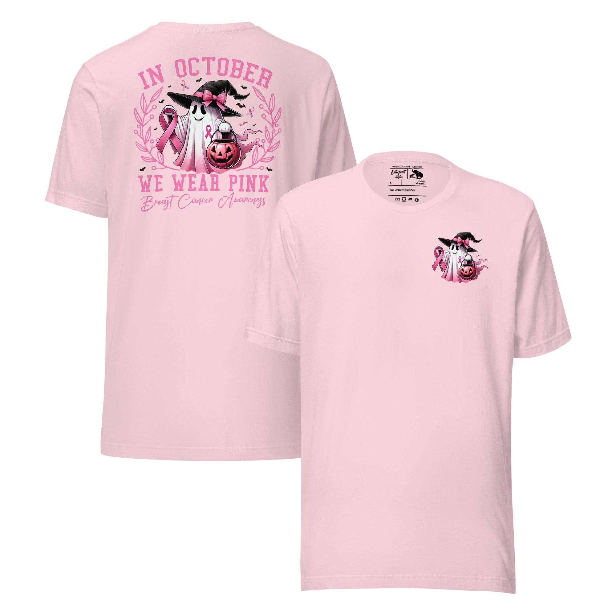 In October We Wear Pink shirt with ghost in witch hat and ribbon