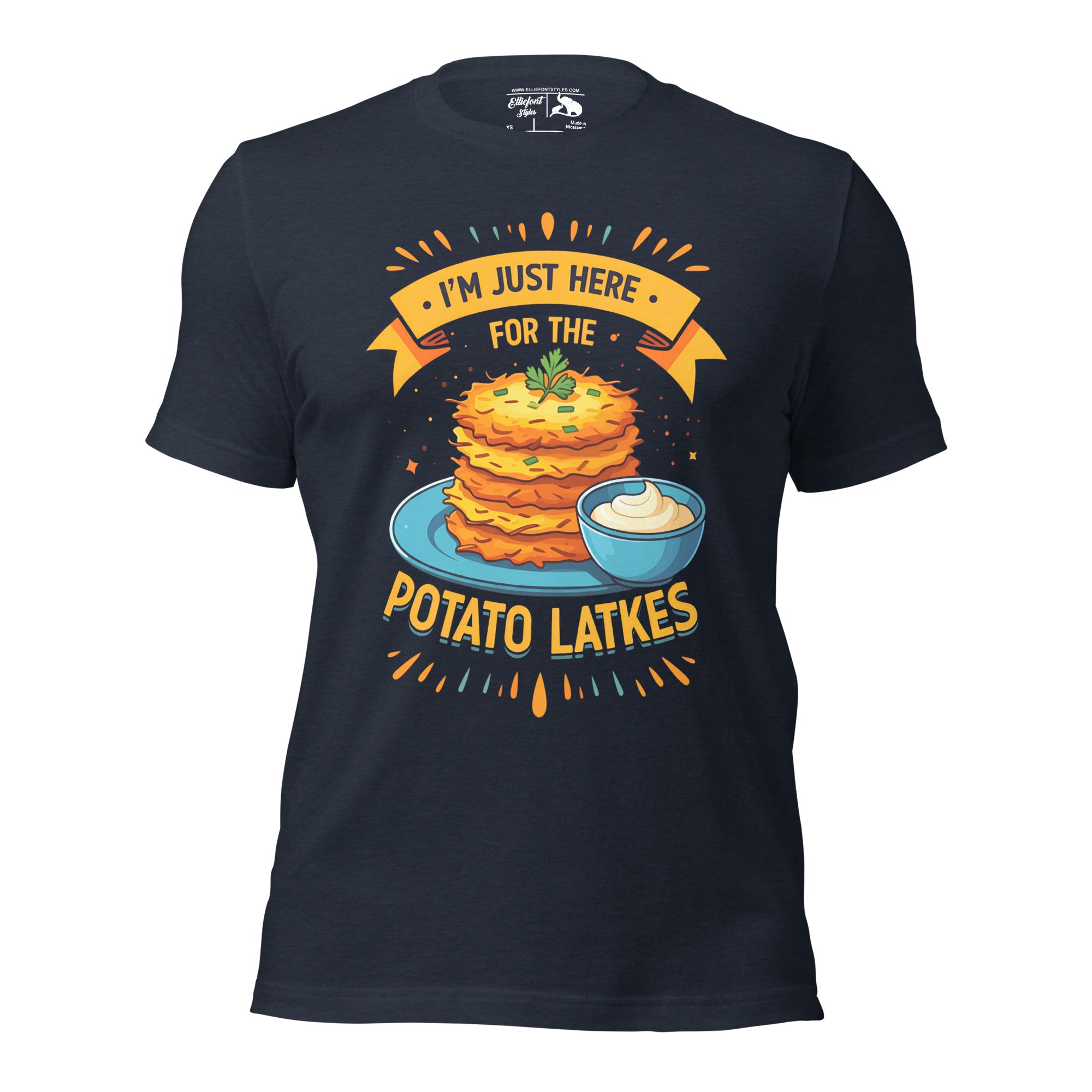 Jewish holiday gift shirt with I’m Just Here for the Potato Latkes quote
