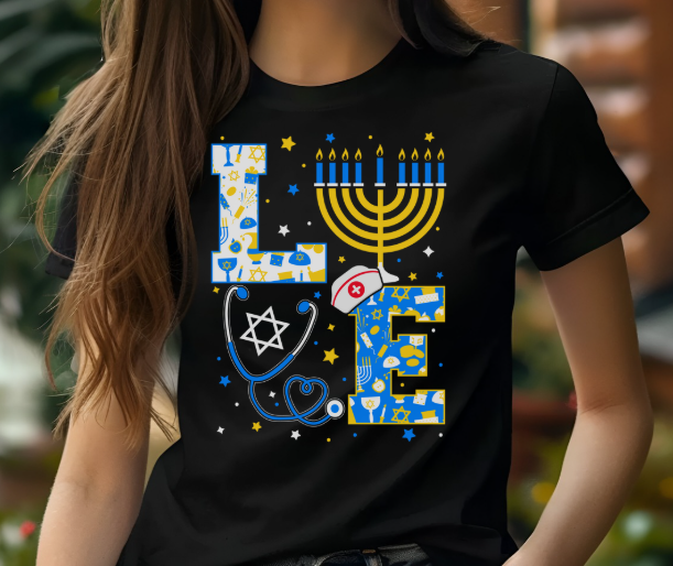 LOVE Menorah Nurse Hanukkah shirt combining menorah and stethoscope